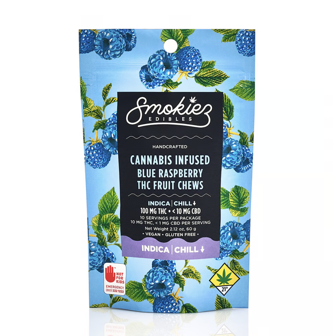 SMK Sour Blue Raspberry Indica Fruit Chews 10pk 110mg - 2.12oz