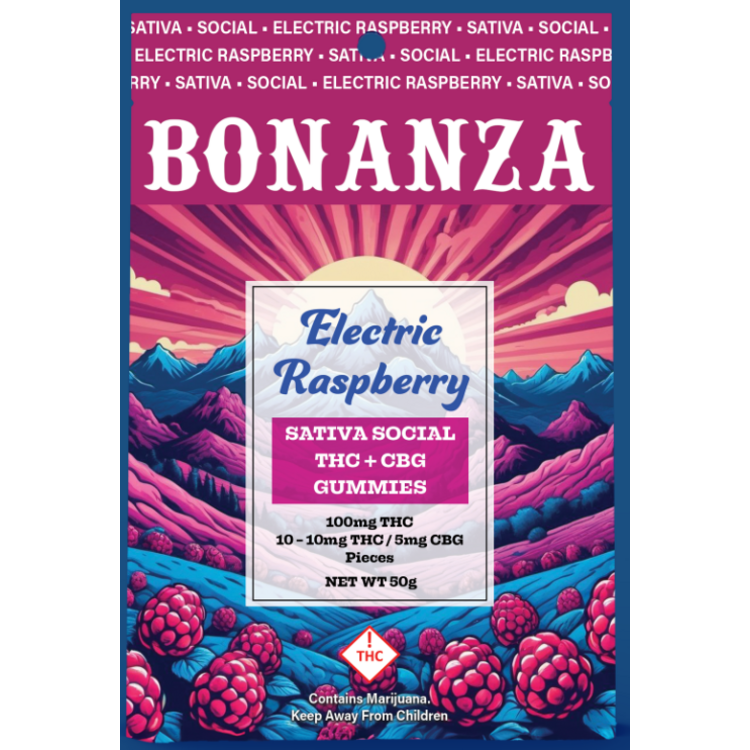 BONANZA ELECTRIC RASPBERRY SOCIAL 2:1 100MG THC 50MG CBG SATIVA GUMMIES