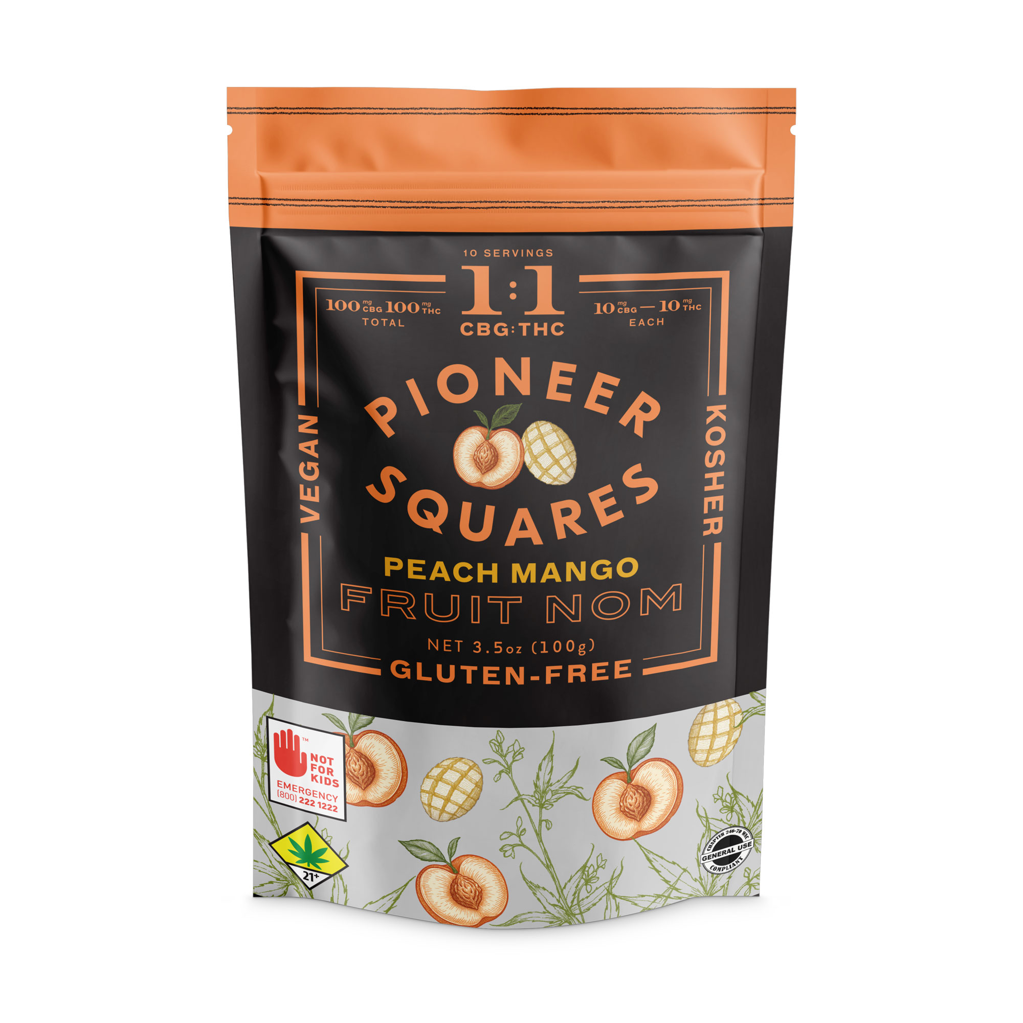Pioneer Squares - CBG Peach Mango Fruit Nom 10-Pack 1:1 CBG:THC 200mg -